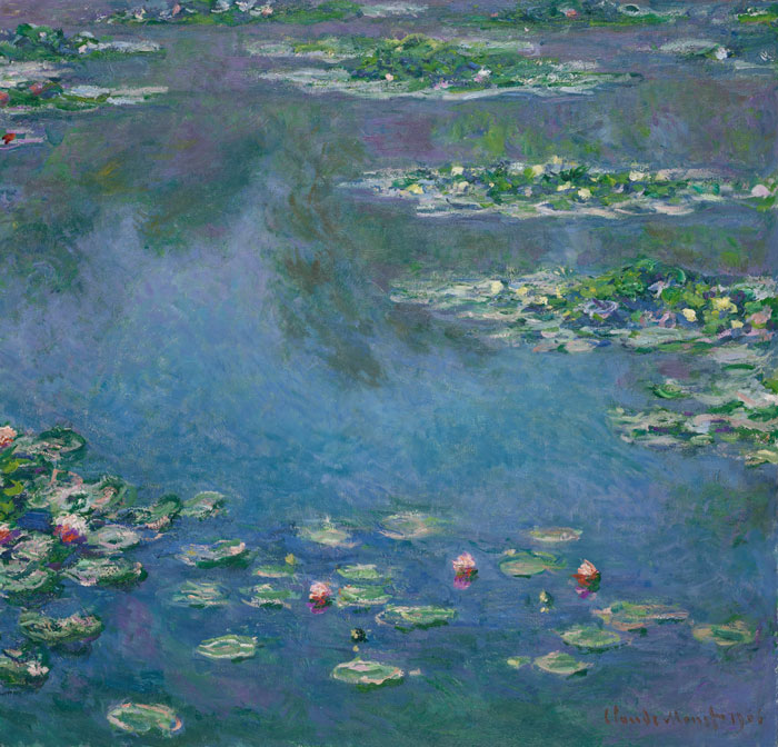 Impressionist landscape painting of water lilies on a pond by a world-famous painter.