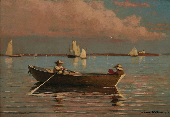 A serene landscape painting of a boat on calm waters with sails in the background and a cloudy sky.