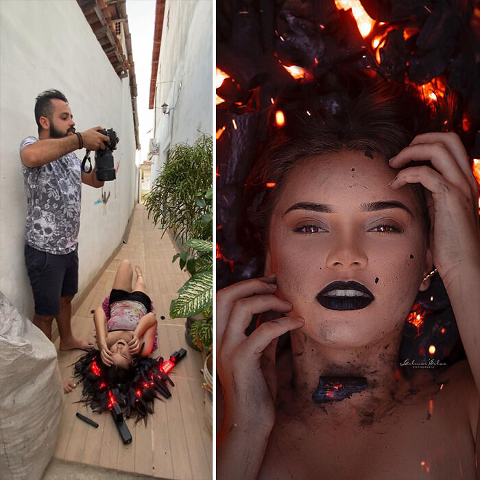 Photographer capturing a creative photoshoot revealing the truth behind his perfect professional photos with special effects.