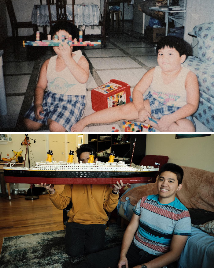 Two boys playing with LEGO as children and now as teens holding an intricate LEGO build of a large ship indoors.
