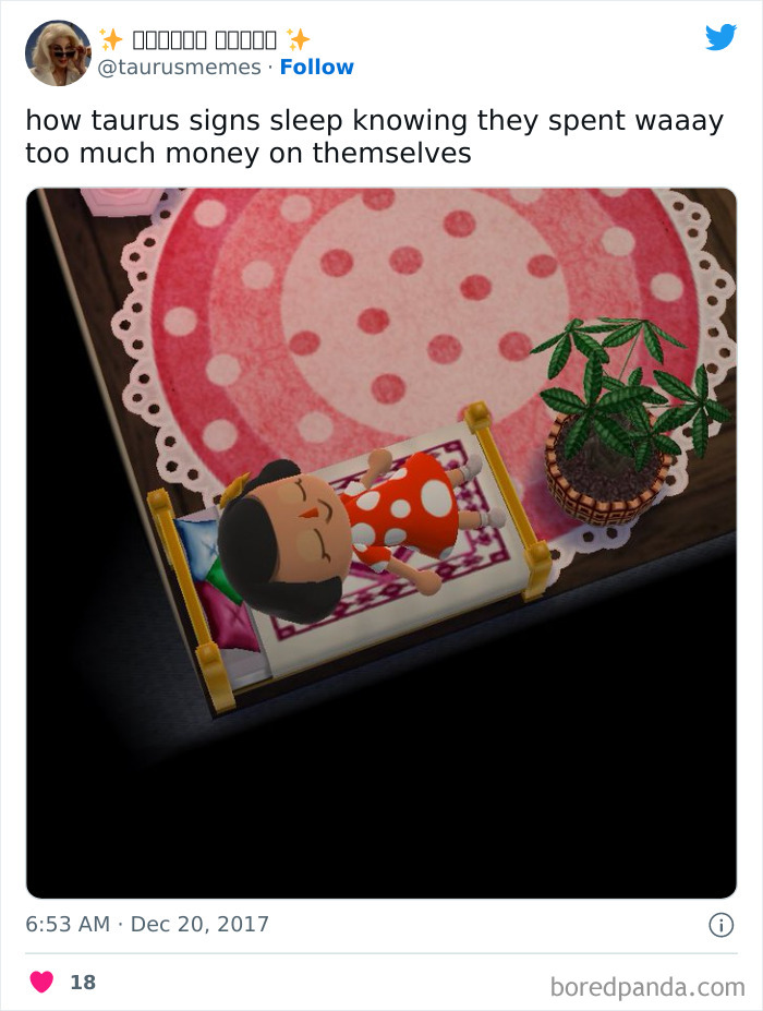 Taurus peacefully sleeping knowing they spent way too much money on themselves meme