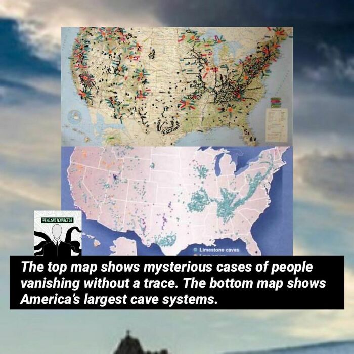 Maps showing mysterious cases of people vanishing and locations of America’s largest cave systems, related to morbid facts.
