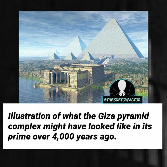 Illustration of the Giza pyramid complex in its prime, related to disturbing and morbid facts that might freak you out.