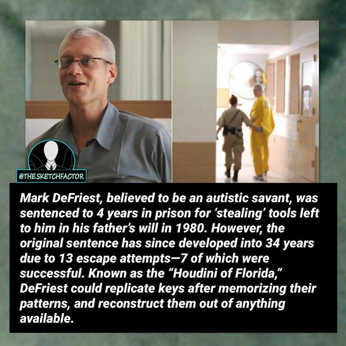 Man in glasses discussing disturbing and morbid facts about a prisoner known as Houdini of Florida in an informational setting.