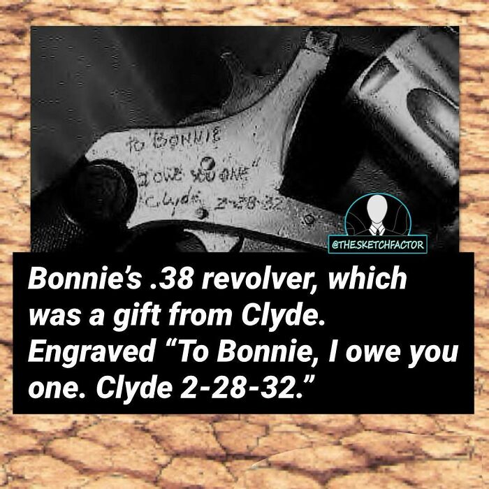 Close-up of a .38 revolver engraved with a message, illustrating disturbing and morbid facts about Bonnie and Clyde.