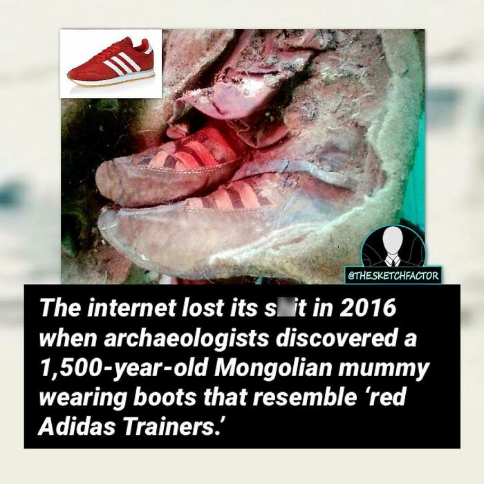 Mongolian mummy wearing boots resembling red Adidas trainers, a disturbing and morbid fact that might freak you out.