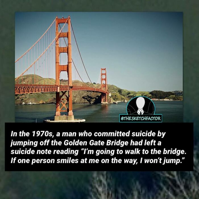 Golden Gate Bridge with a disturbing and morbid fact about a 1970s s*****e note that might freak you out.