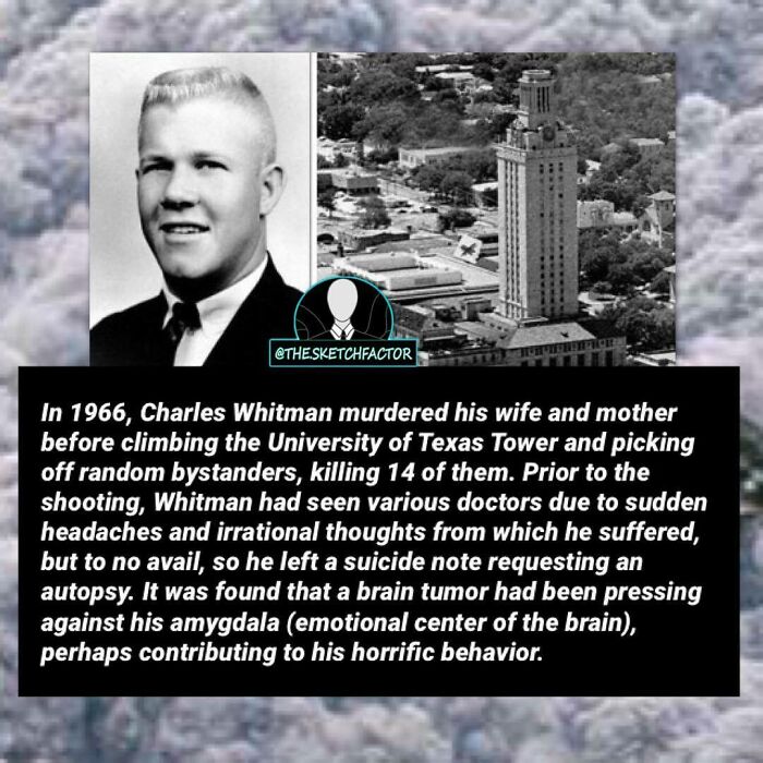 Black and white photo of Charles Whitman and University of Texas Tower, illustrating disturbing and morbid facts about his crimes.