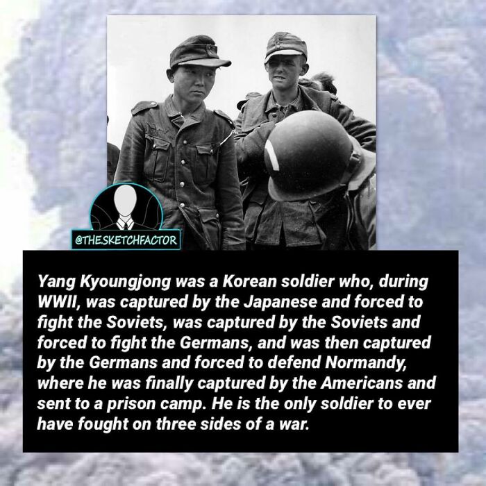 Black and white photo of WWII soldiers with a text overlay sharing a disturbing and morbid fact about a Korean soldier.