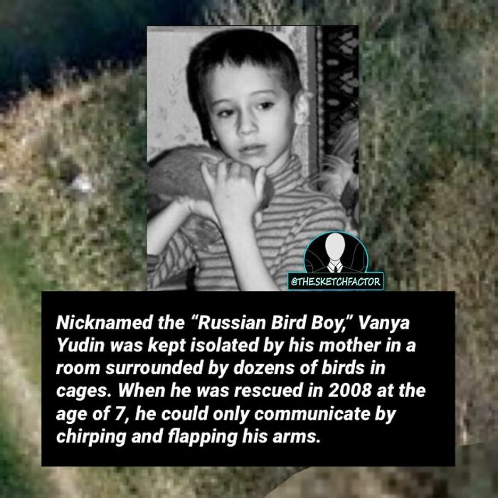 Black and white photo of a boy known as the Russian Bird Boy, highlighting disturbing and morbid facts about isolation.