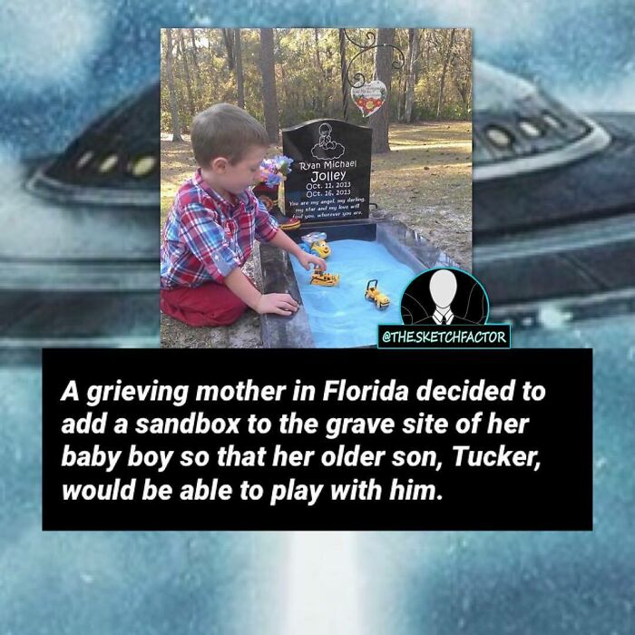 Young boy playing in a sandbox added to a grave site, illustrating disturbing and morbid facts that might freak you out.