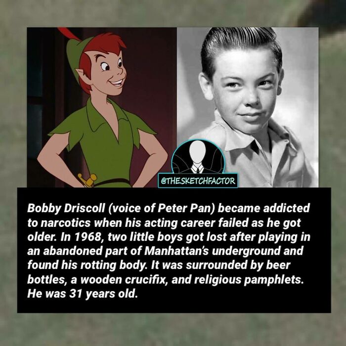 Split image showing animated Peter Pan and a black and white photo of Bobby Driscoll with disturbing morbid facts text.
