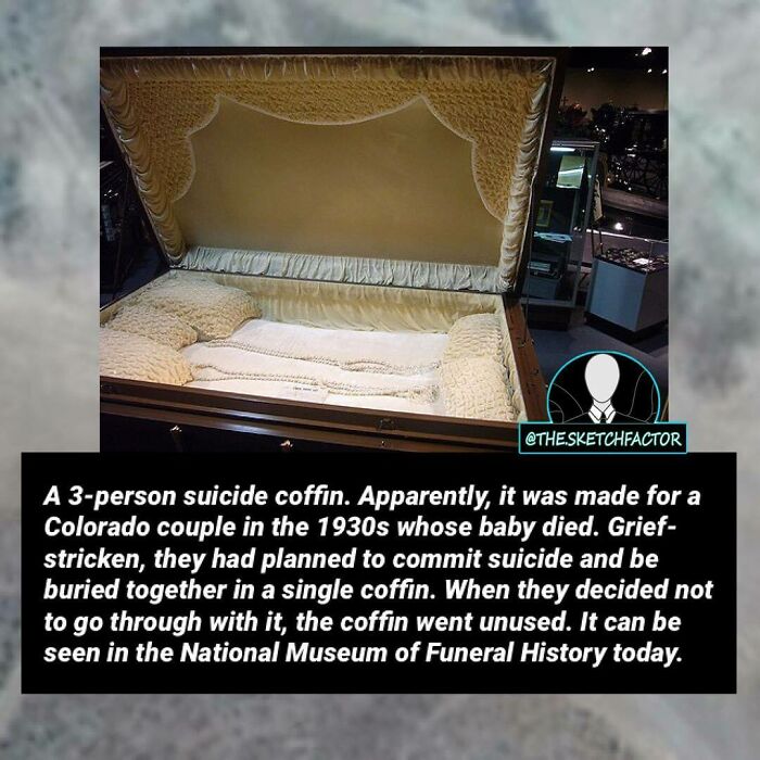 Open three-person s*****e coffin made in 1930s on display at the National Museum of Funeral History morbid facts.