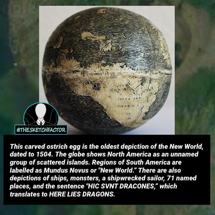 Carved ostrich egg globe from 1504 depicting the New World with disturbing and morbid historical facts.