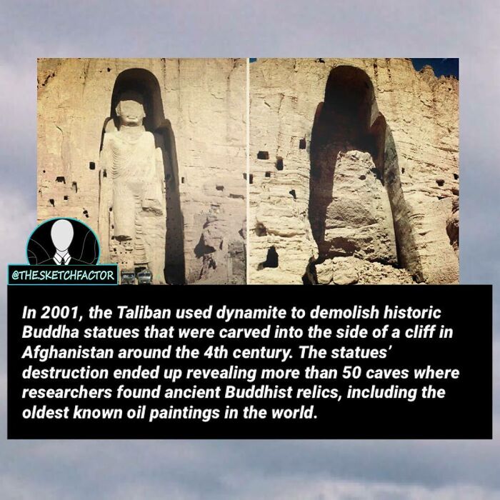 Side-by-side images of a destroyed Buddha statue carved into a cliff, illustrating disturbing and morbid facts about history.
