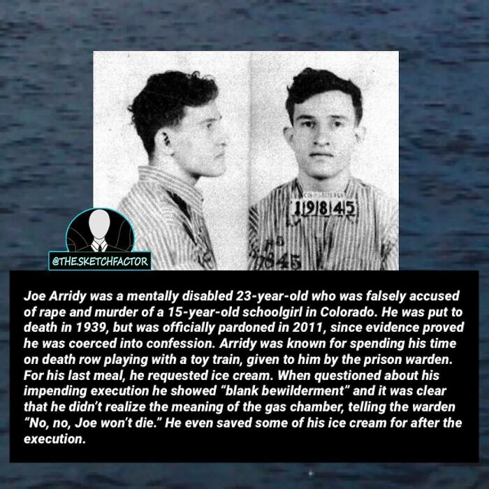 Black and white mugshot of Joe Arridy, a mentally disabled man, related to disturbing and morbid facts about wrongful e*******n.