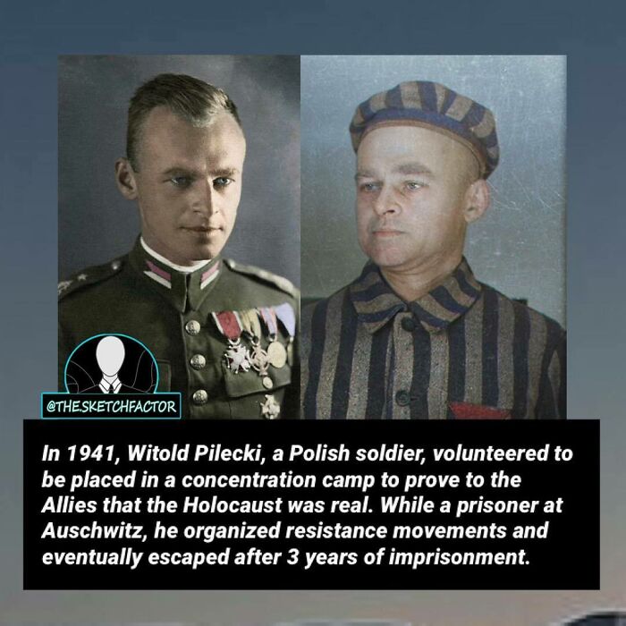 Photos of Witold Pilecki in uniform and prison clothes, illustrating disturbing and morbid facts about H*******t resistance.