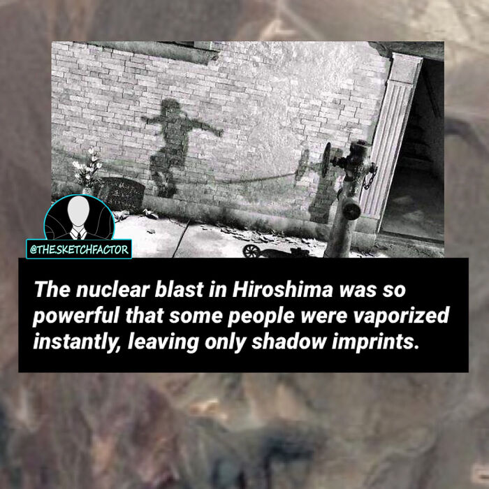 Shadow imprint of a person on a brick wall after Hiroshima nuclear blast showing disturbing and morbid facts.