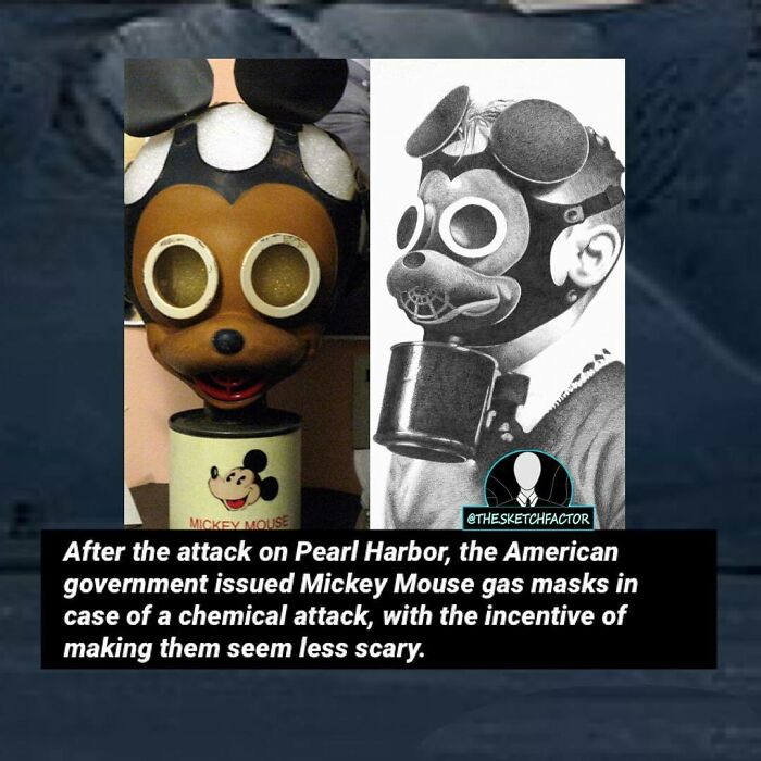 Disturbing and morbid fact showing Mickey Mouse gas masks issued after Pearl Harbor to ease fears of chemical attacks.