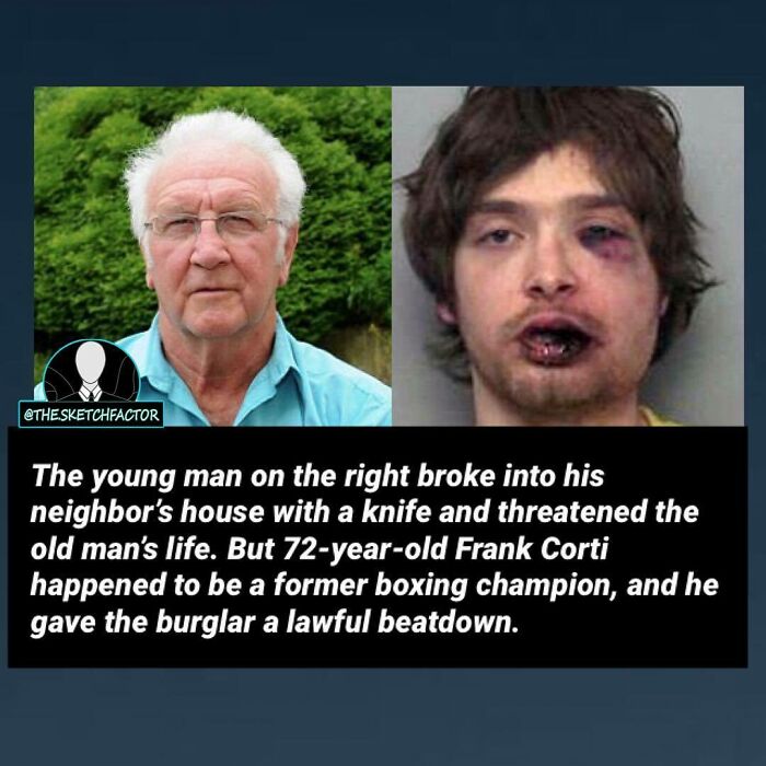 Side-by-side photos of an elderly man and injured young man with disturbing and morbid facts about a home invasion incident.