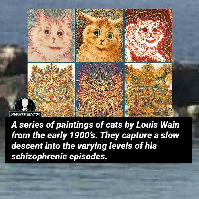 A series of disturbing and morbid paintings of cats by Louis Wain showing his descent into schizophrenia.