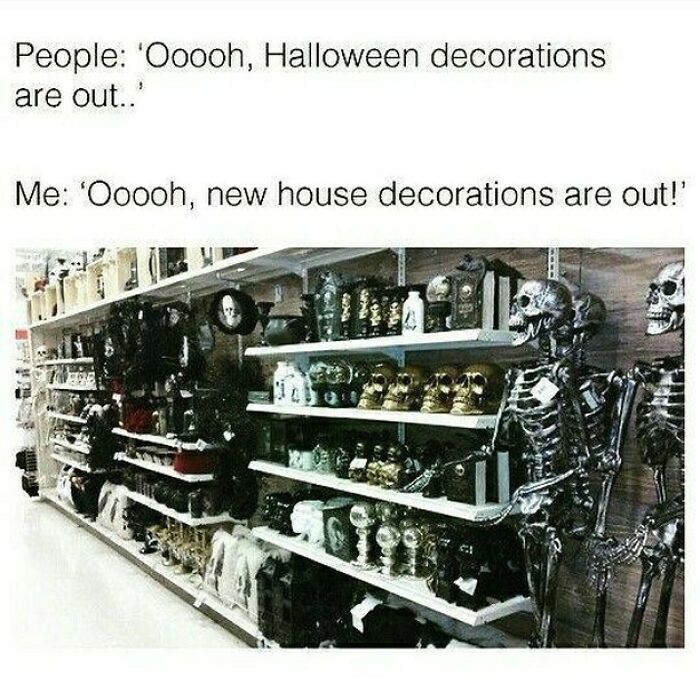 Spooky Halloween store aisle with skeletons, skulls, and creepy decorations, humorously captioned about house decor.
