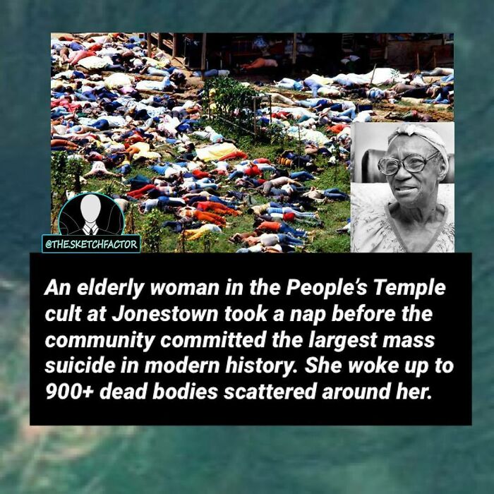 Elderly woman in People’s Temple cult photo with disturbing and morbid facts about Jonestown mass s*****e scene.