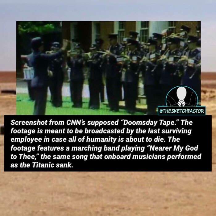 Screenshot of a marching band from CNN’s doomsday tape playing a morbid tune linked to the Titanic sinking.