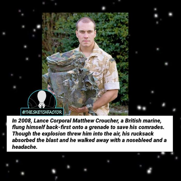 British marine holding damaged rucksack after surviving g*****e blast in a disturbing and morbid fact post from an Insta page.