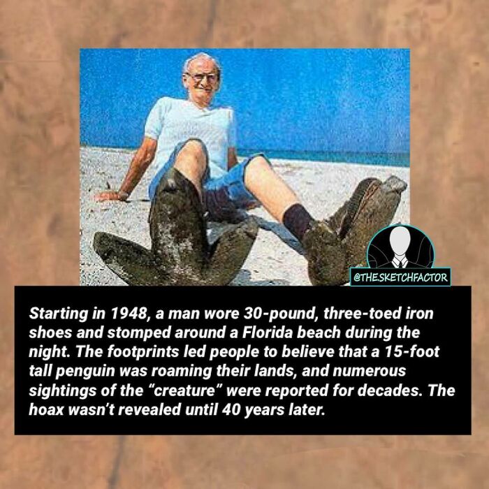 Man in heavy three-toed iron shoes creating footprints on a Florida beach, a disturbing and morbid fact from an Insta page.