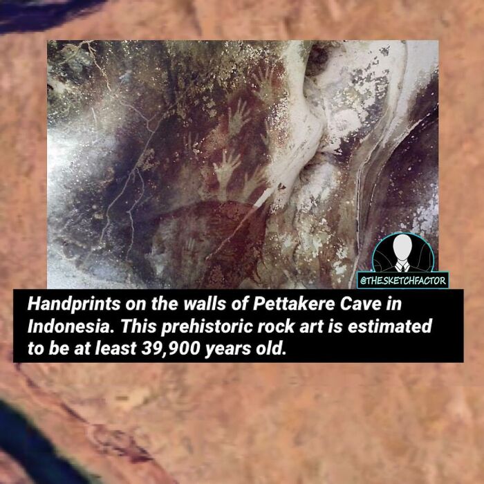 Prehistoric handprints on the walls of Pettakere Cave, Indonesia, showcasing disturbing and morbid ancient rock art.