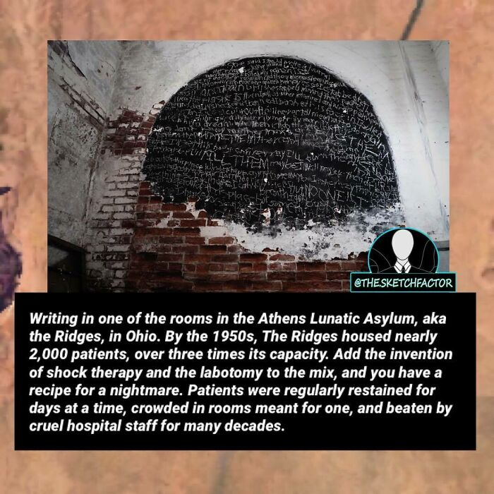Writing on a wall inside the Athens Lunatic Asylum, showcasing disturbing and morbid facts about patient treatment.