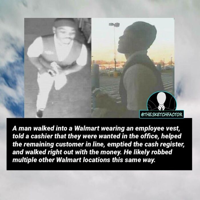 Surveillance images of a man involved in a disturbing and morbid Walmart robbery, as shared by an Insta page.