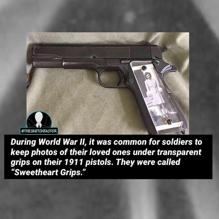 1911 pistol with a photo grip known as sweetheart grips, a disturbing and morbid fact from World War II soldiers.