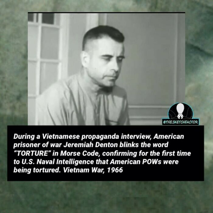 Black and white photo of American POW Jeremiah Denton blinking morse code to reveal t*****e during Vietnam War.