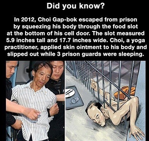 Man escaping prison by squeezing through a narrow food slot, a creepy fact illustrating bizarre prison escapes.