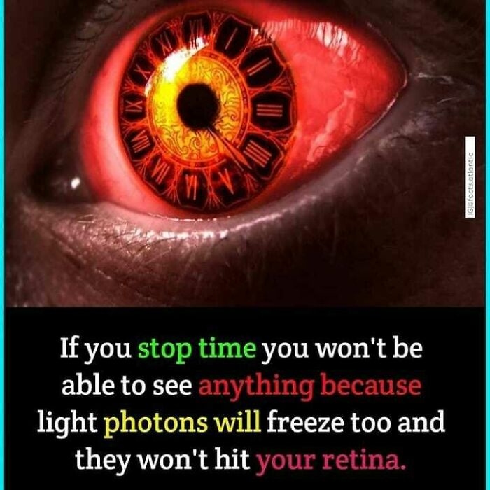 Close-up of a red eye with a clock design inside, illustrating a creepy fact about time and perception.