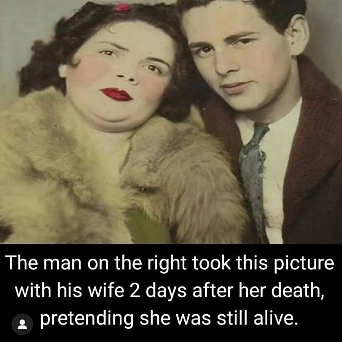 Man posing with his deceased wife in a creepy vintage photo, a haunting example of eerie death-related images.