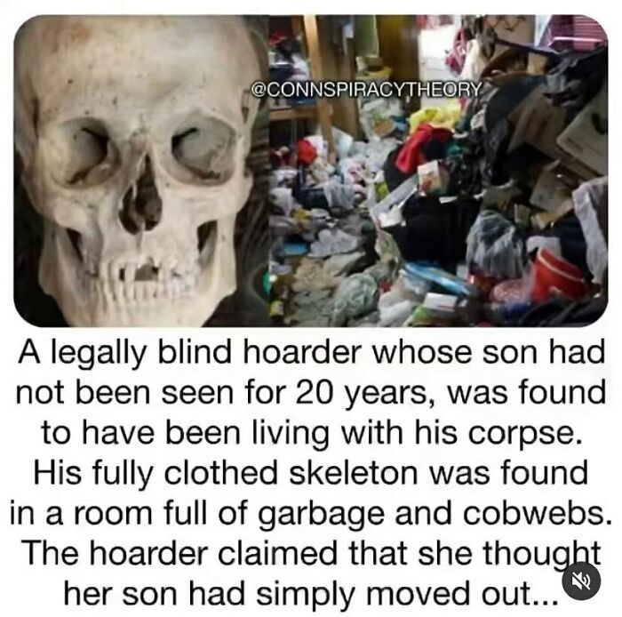 Skeleton head in a cluttered, messy room illustrating random creepy facts to deprive somebody of sleep.