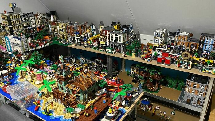 Detailed LEGO builds of cityscapes and beach scenes showcasing incredible LEGO creations as real works of art.