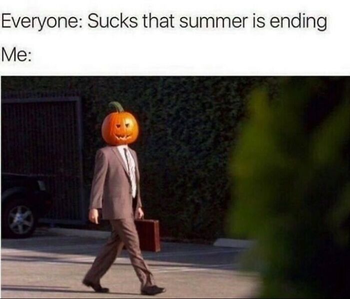 Man in suit with pumpkin head carrying a briefcase, showcasing a humorous and spooky Halloween meme.