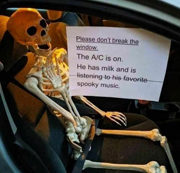 Skeleton in a car with a spooky sign about air conditioning, humorously referencing Halloween.