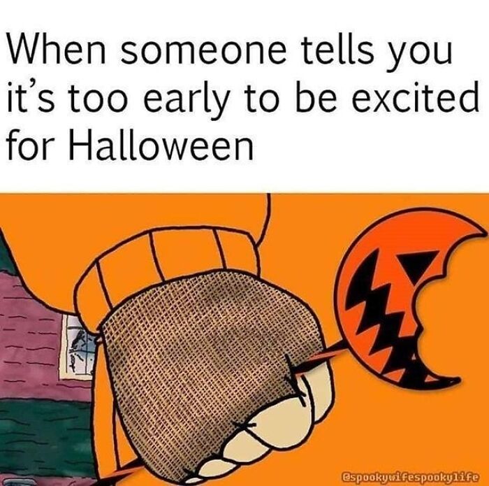 Halloween meme showing a fist gripping a broken pumpkin against an orange background.