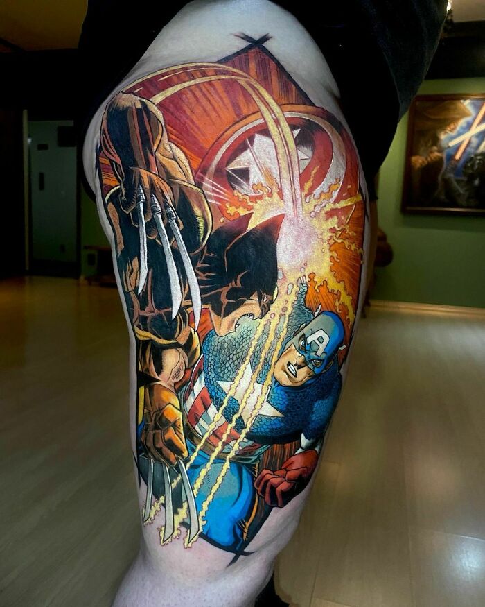 Marvel tattoo featuring Wolverine and Captain America in a dynamic comic-style design.