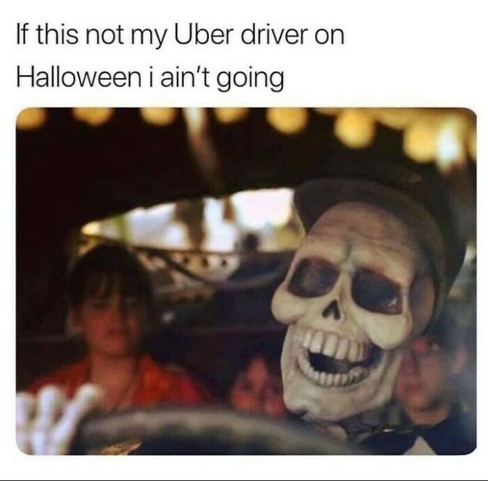 Halloween meme with a skeleton as an Uber driver, evoking humor and spookiness.