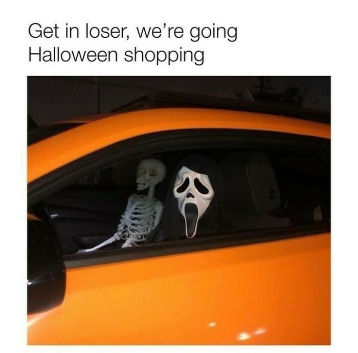 Spooky Halloween meme with a skeleton and Scream mask character in an orange car.