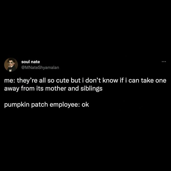 Funny Halloween meme about choosing a pumpkin at a patch, employee indifferent to concerns about family separation.