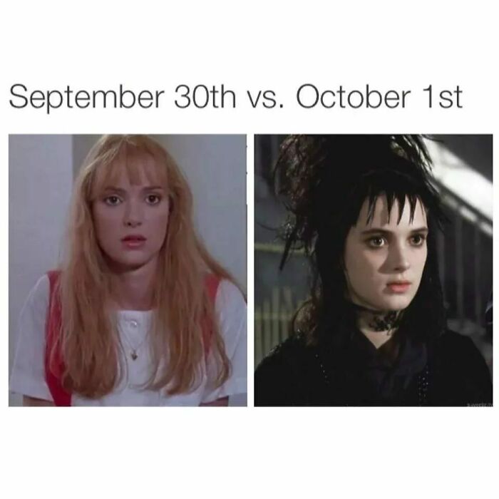Side-by-side comparison of a woman on September 30th, looking casual, and on October 1st, looking spooky for Halloween.