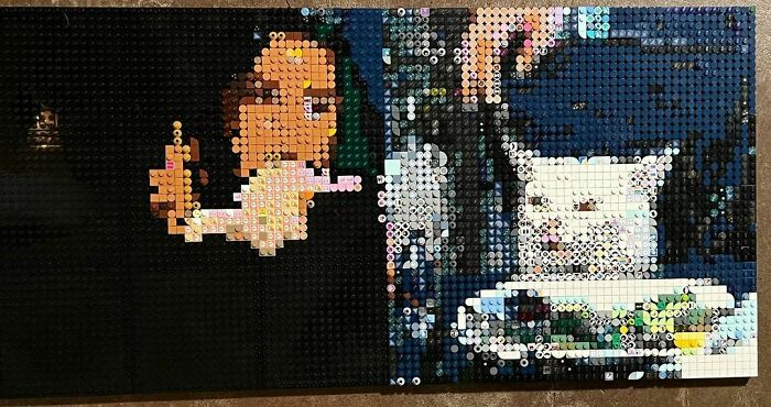 LEGO builds depicting a character holding a cat, made with small round pieces creating an artistic mosaic style.