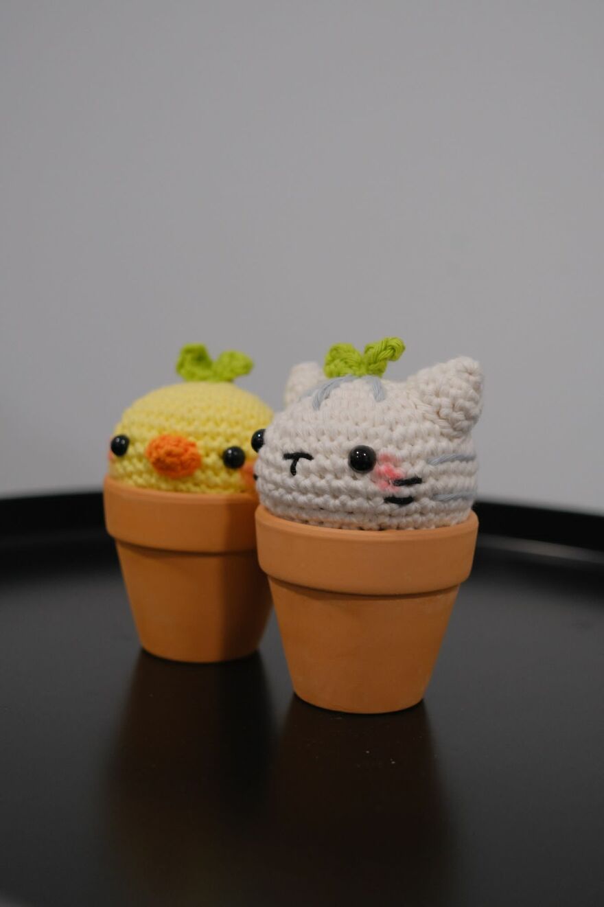 Crochet cat and chick in pots, showcasing a side hustle for adding cuteness to people's days.